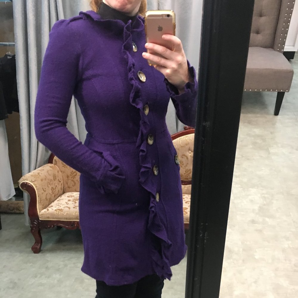 LUII Wool Purple Ruffle Front Jacket Coat Sweater - Picture 3 of 16